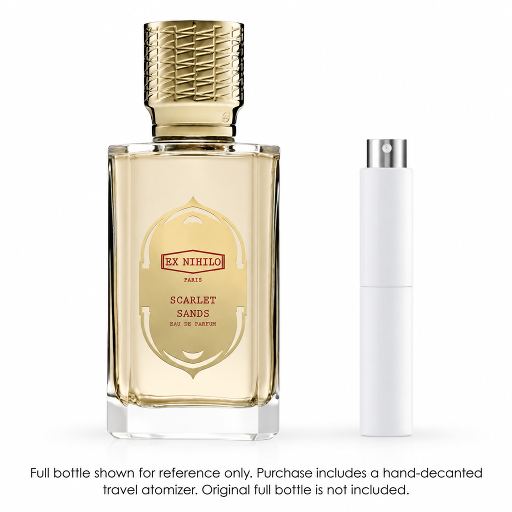 Ex Nihilo Scarlet Sands reference bottle with taller plain white 10ml hand-decanted atomizer; original bottle not included.