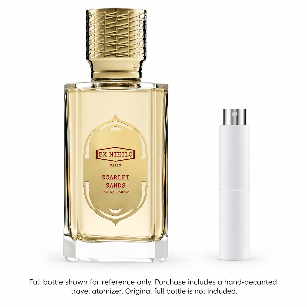 Ex Nihilo Scarlet Sands reference bottle with plain white 5ml hand-decanted atomizer; original bottle not included.