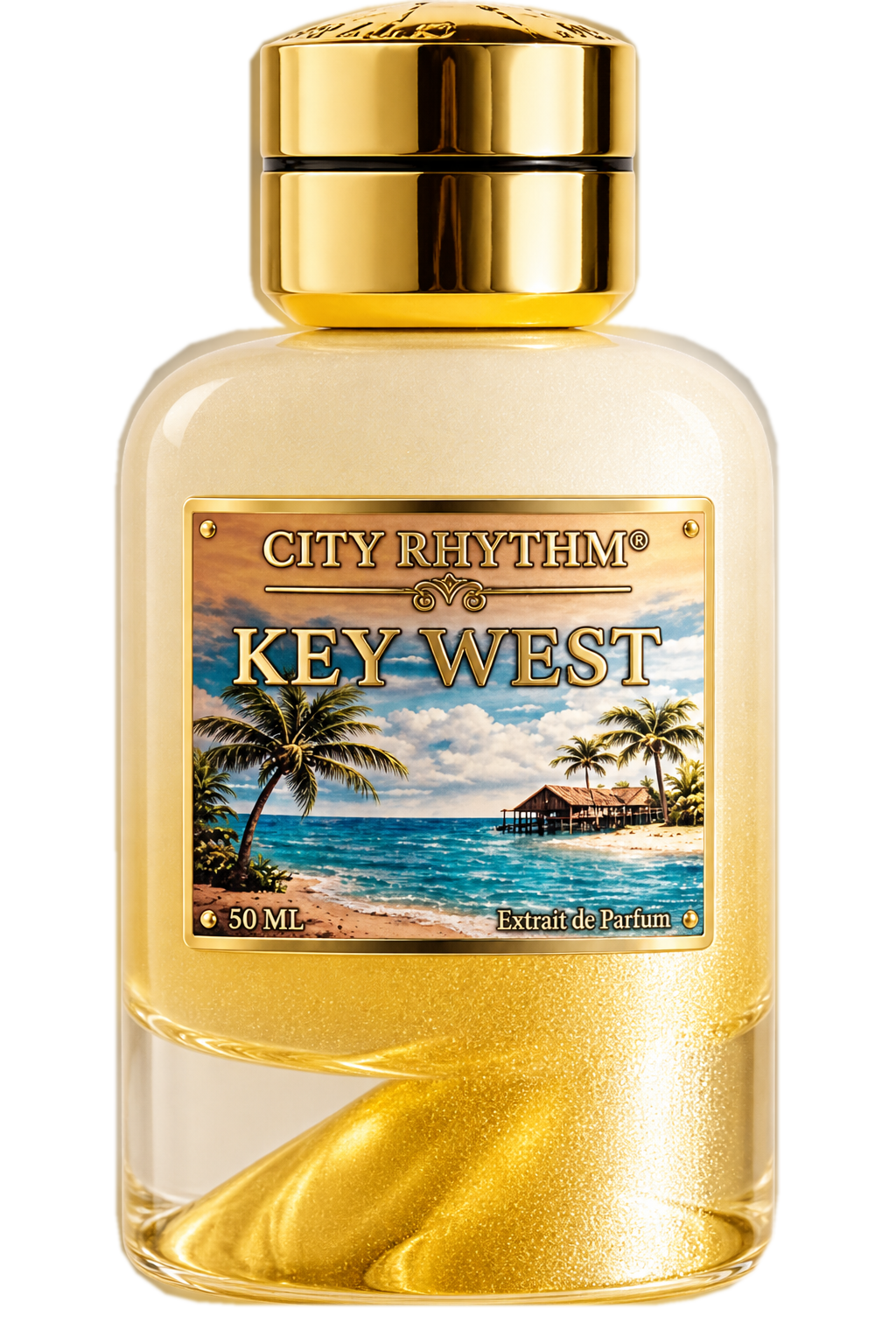 City Rhythm Key West 50ml Extrait de Parfum — illustrative isolated bottle rendering with 50ml label; sealed full bottle