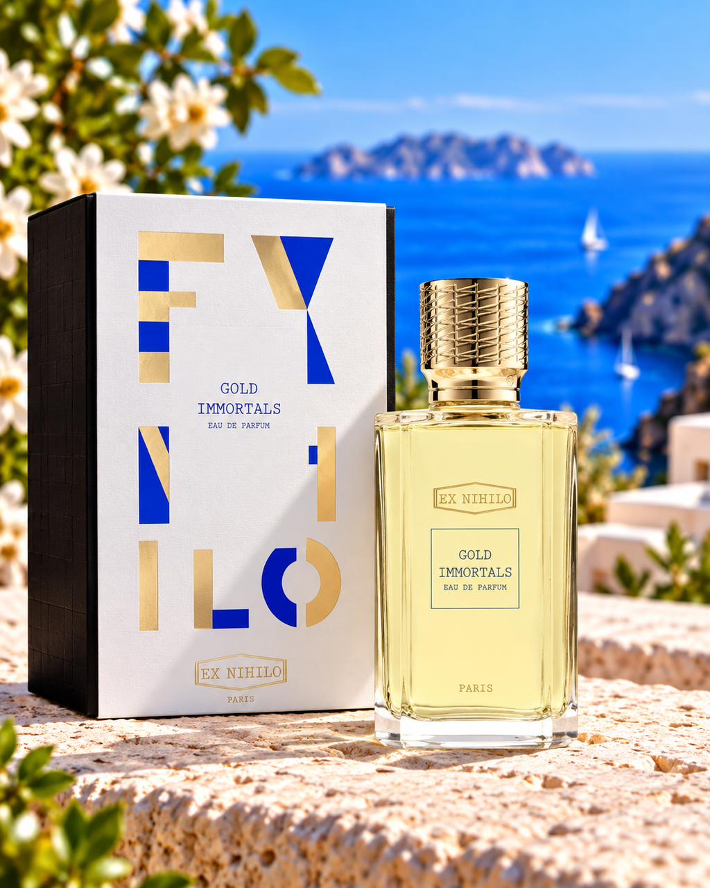 Ex Nihilo Gold Immortals original EDP bottle and blue and gold box against approved Mediterranean background