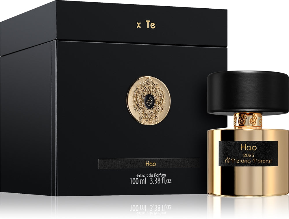 Tiziana Terenzi Hao Anniversary Extrait 100ml gold and black bottle beside original anniversary presentation box